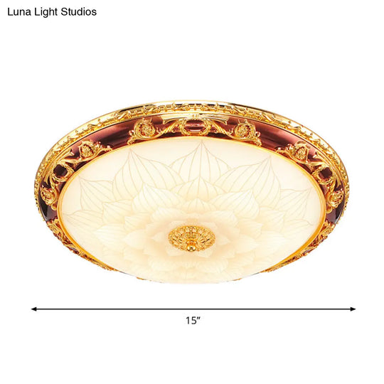 Vintage Gold Led Flush Ceiling Light With Blossom Frosted Glass Bowl - 12.5/15/19 Width