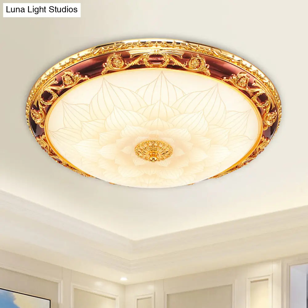 Vintage Gold Led Flush Ceiling Light With Blossom Frosted Glass Bowl - 12.5/15/19 Width / 12.5