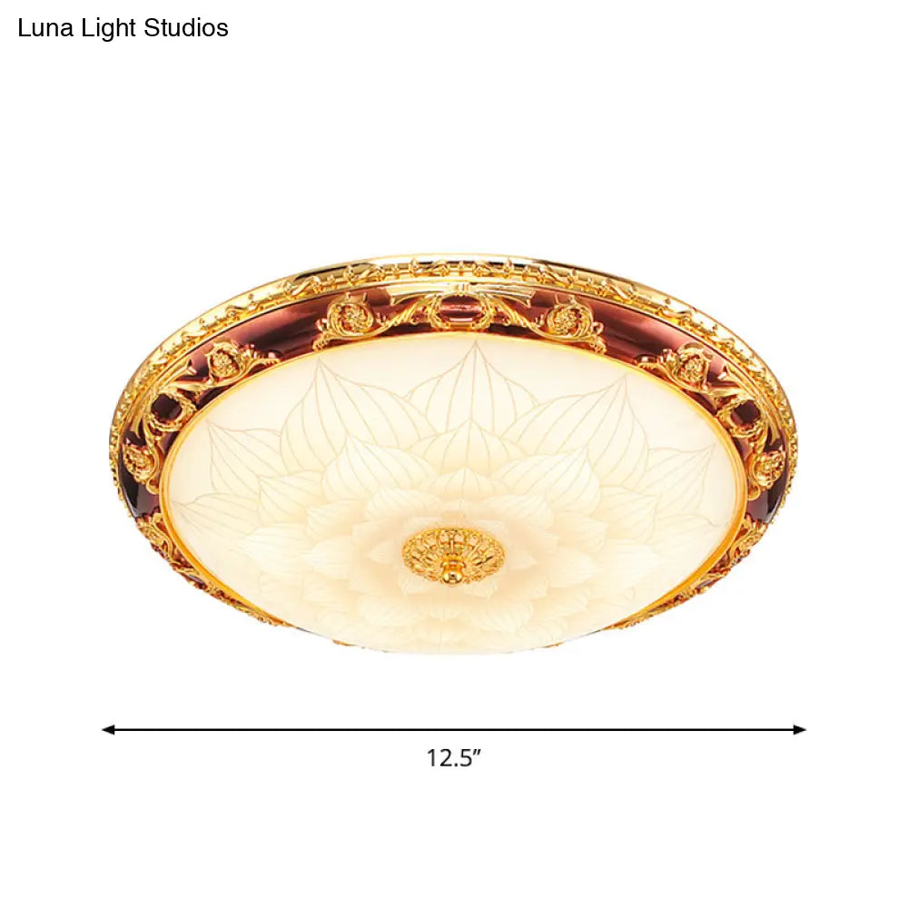 Vintage Gold Led Flush Ceiling Light With Blossom Frosted Glass Bowl - 12.5’/15’/19’ Width