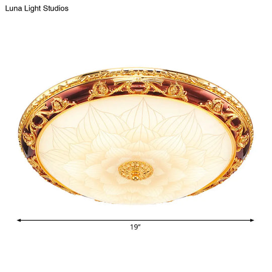 Vintage Gold Led Flush Ceiling Light With Blossom Frosted Glass Bowl - 12.5’/15’/19’ Width