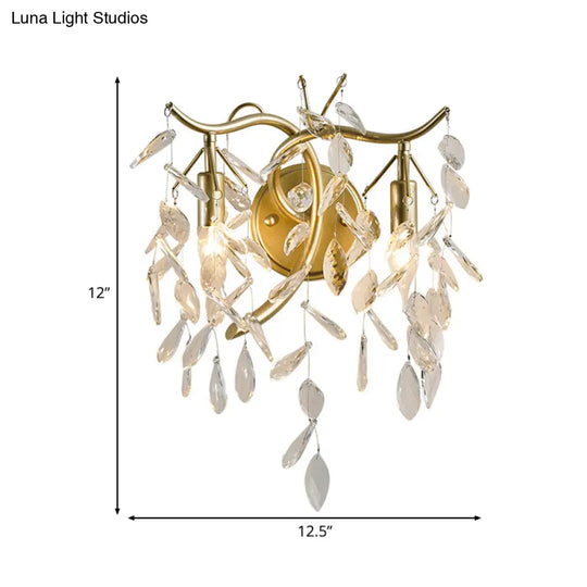 Vintage Gold Metal Candle Sconce Light With Leaf Crystal Strand - 2 Lights