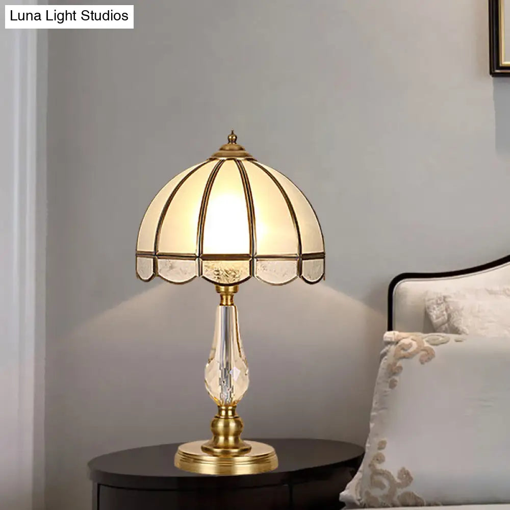 Vintage Gold Night Table Lamp With Scalloped Beige Shade And Crystal Accent