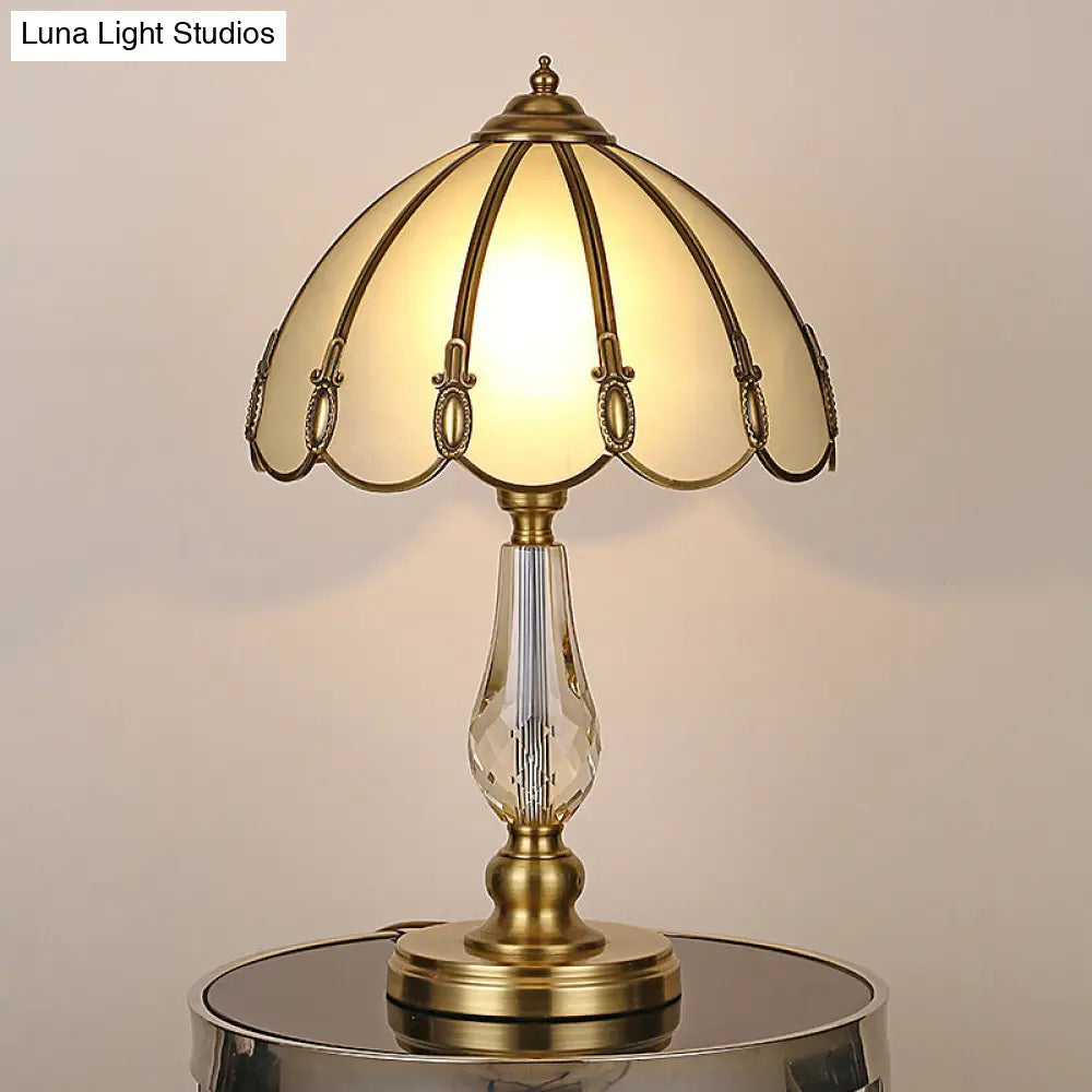 Vintage Gold Night Table Lamp With Scalloped Beige Shade And Crystal Accent