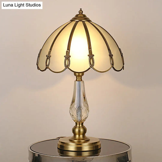 Vintage Gold Night Table Lamp With Scalloped Beige Shade And Crystal Accent