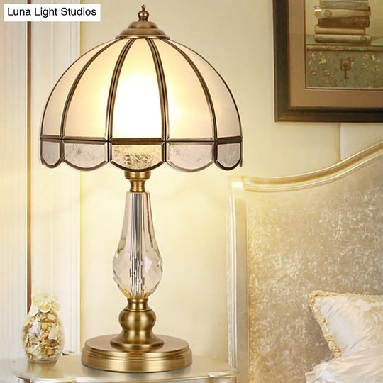 Vintage Gold Night Table Lamp With Scalloped Beige Shade And Crystal Accent