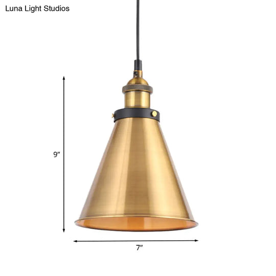 Retro Antique Gold Pendant Light Fixture - 1-Light Iron Lid Hammered Cone Design Ideal For Dining