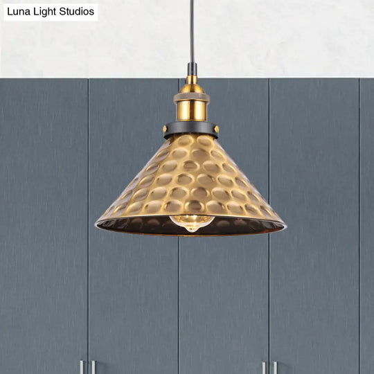 Retro Antique Gold Pendant Light Fixture - 1-Light Iron Lid Hammered Cone Design Ideal For Dining