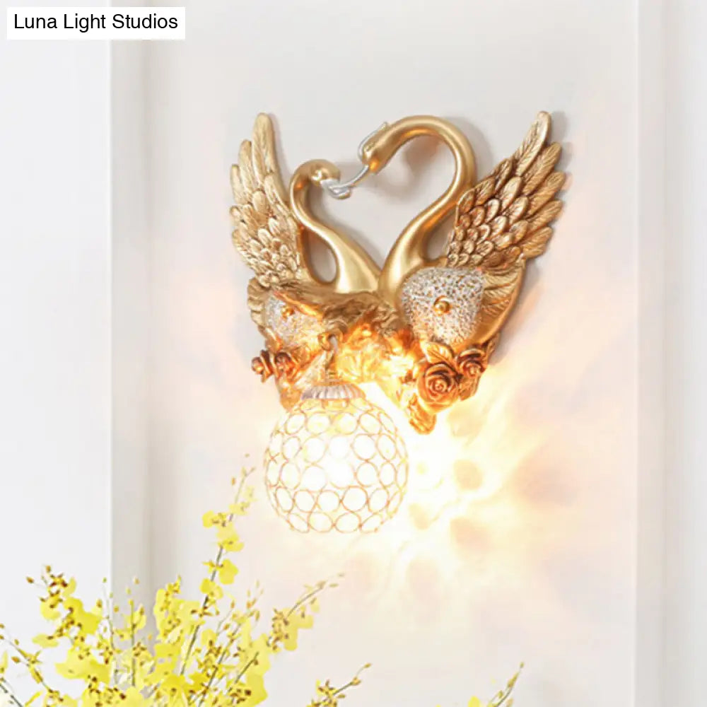 Vintage Gold Resin Swan Wall Sconce With Metal And Crystal Shade