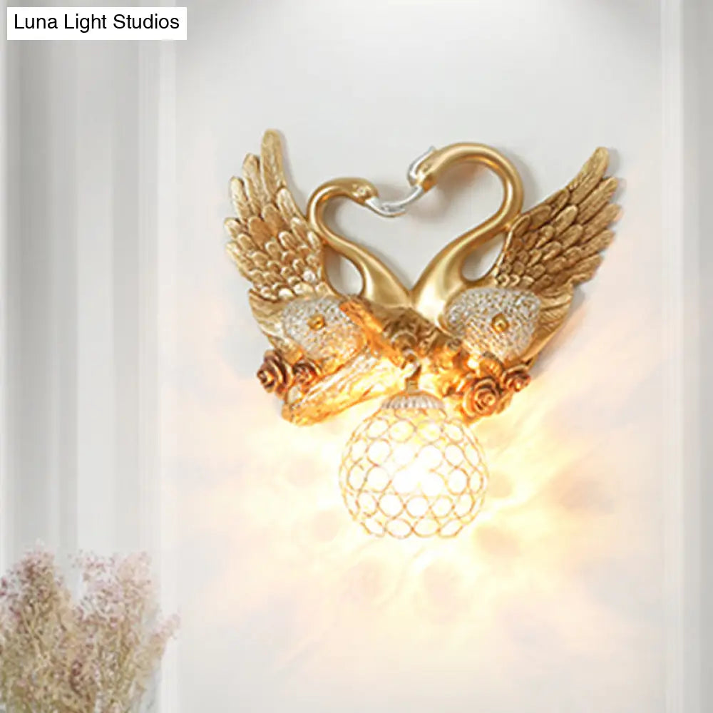 Vintage Gold Resin Swan Wall Sconce With Metal And Crystal Shade