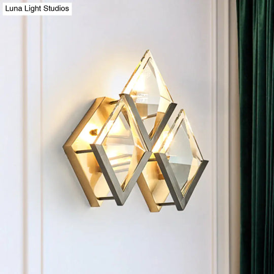 Vintage Gold Rhombus Wall Sconce With Clear Crystal - 3-Head Mounted Lamp