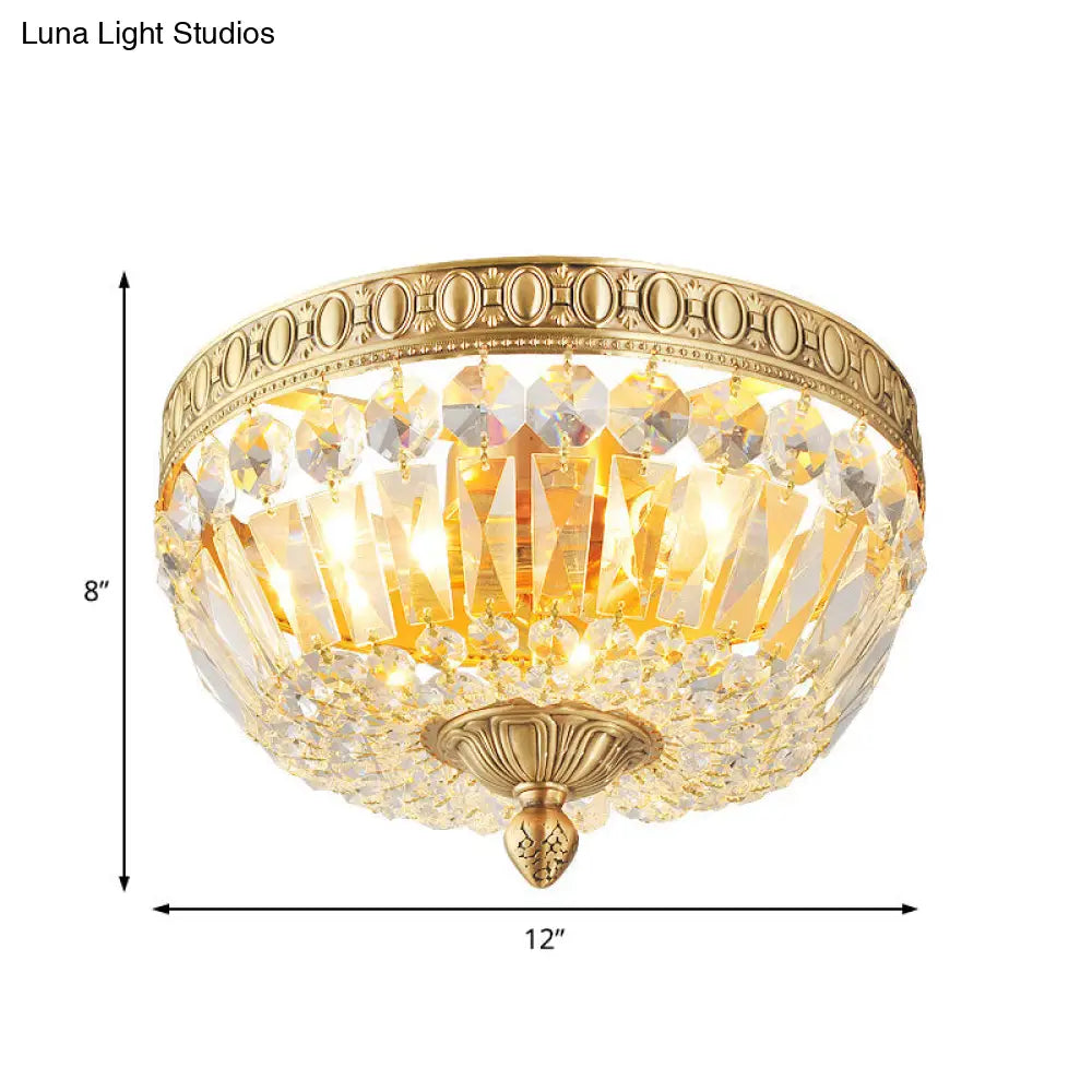 Vintage Golden Bowl Metal Ceiling Light With Clear Crystal Deco - 3 Lights Flush Mount
