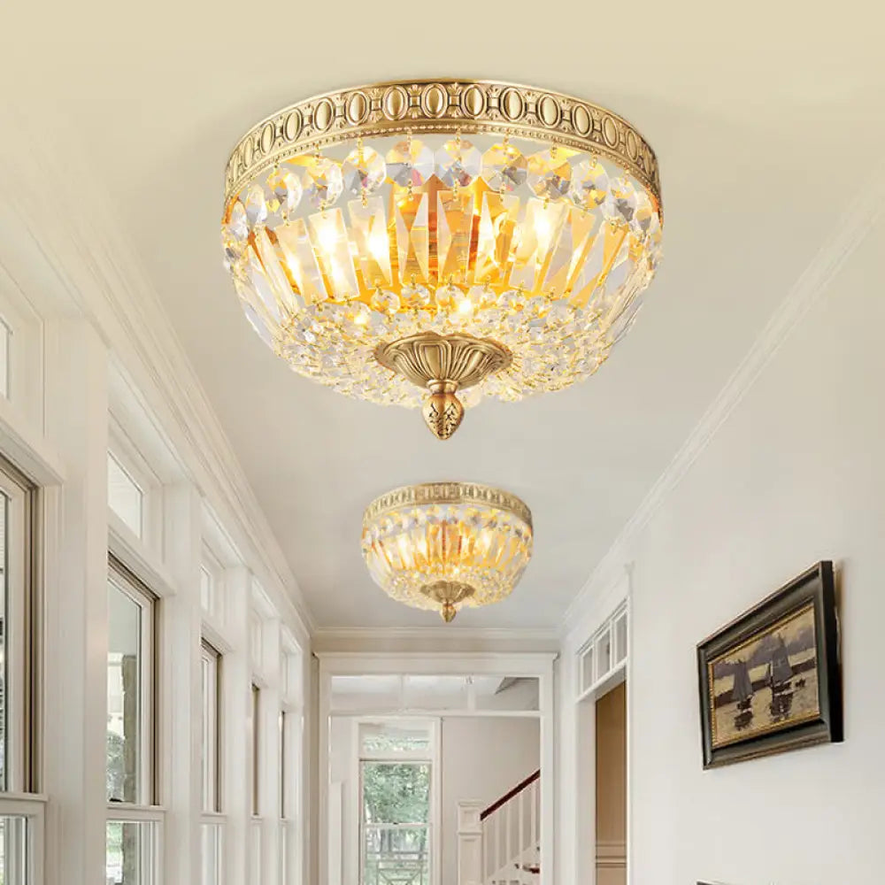 Vintage Golden Bowl Metal Ceiling Light With Clear Crystal Deco - 3 Lights Flush Mount Gold / 12’