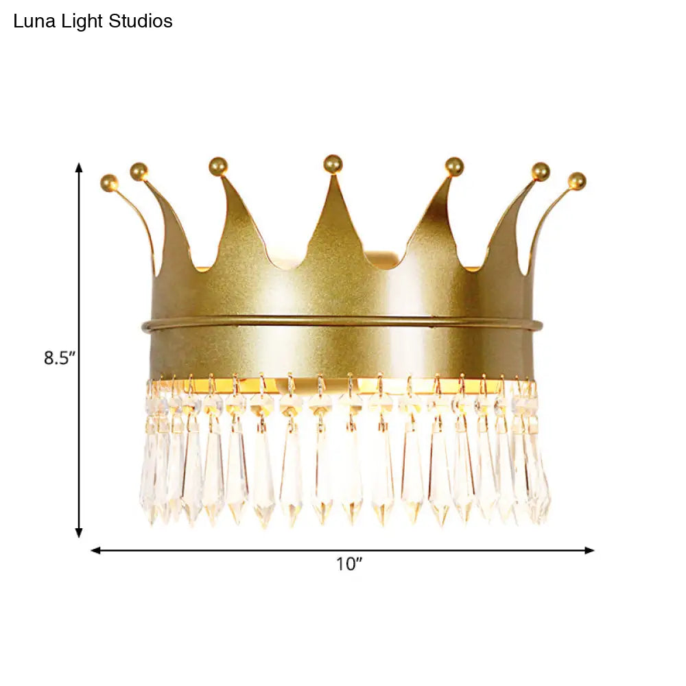 Vintage Golden Crown Wall Sconce - Stylish 2-Light Metal Lamp With Clear Crystal Details