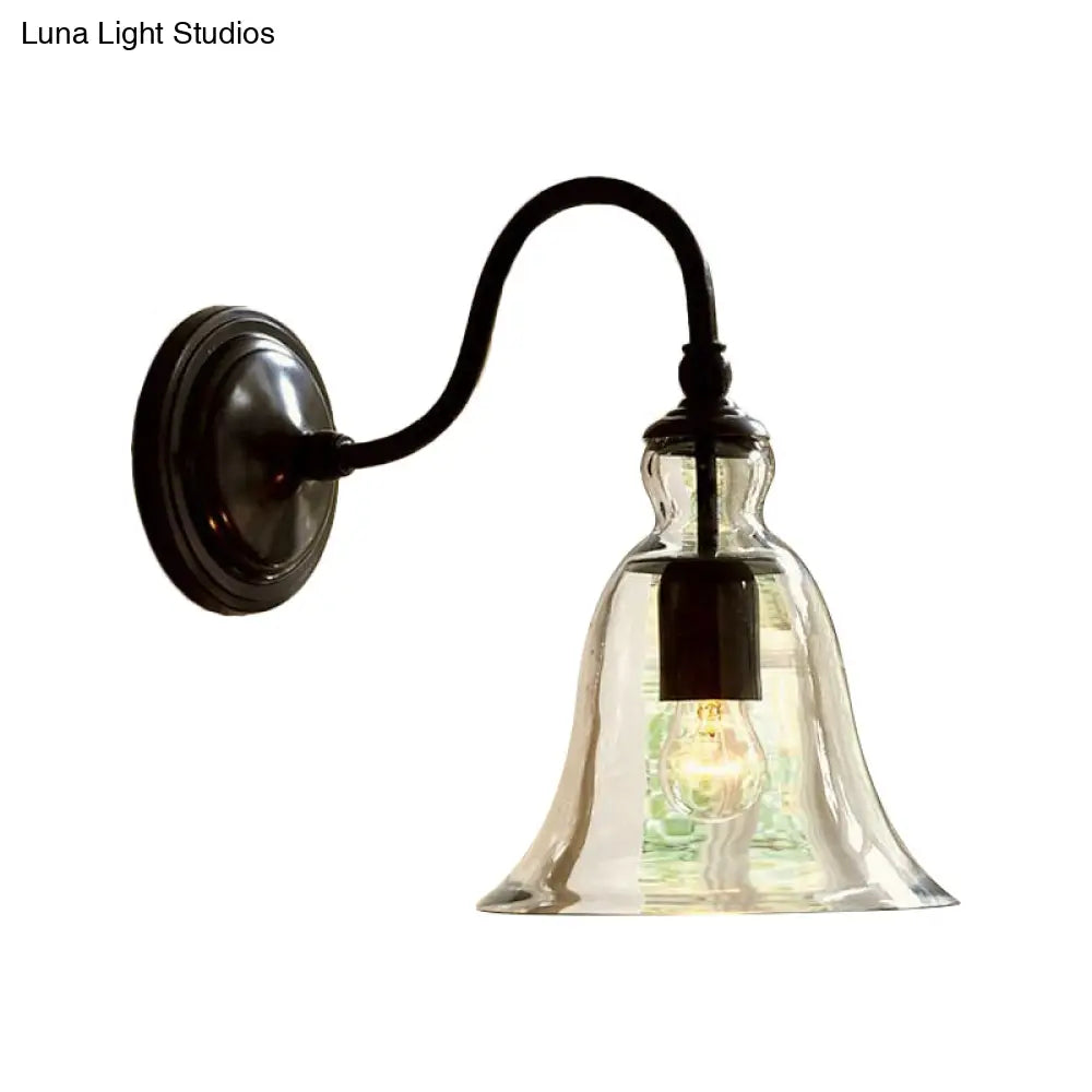 Vintage Gooseneck Wall Mount Light With Single Clear Flared Glass Shade In Black