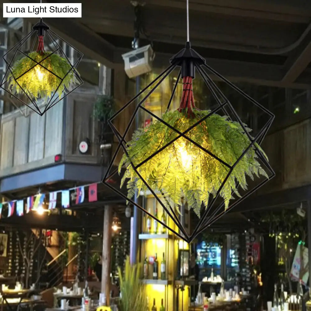 Vintage Green Caged Iron Plant Hanging Lamp - Single-Bulb Pendant For Restaurant Lighting