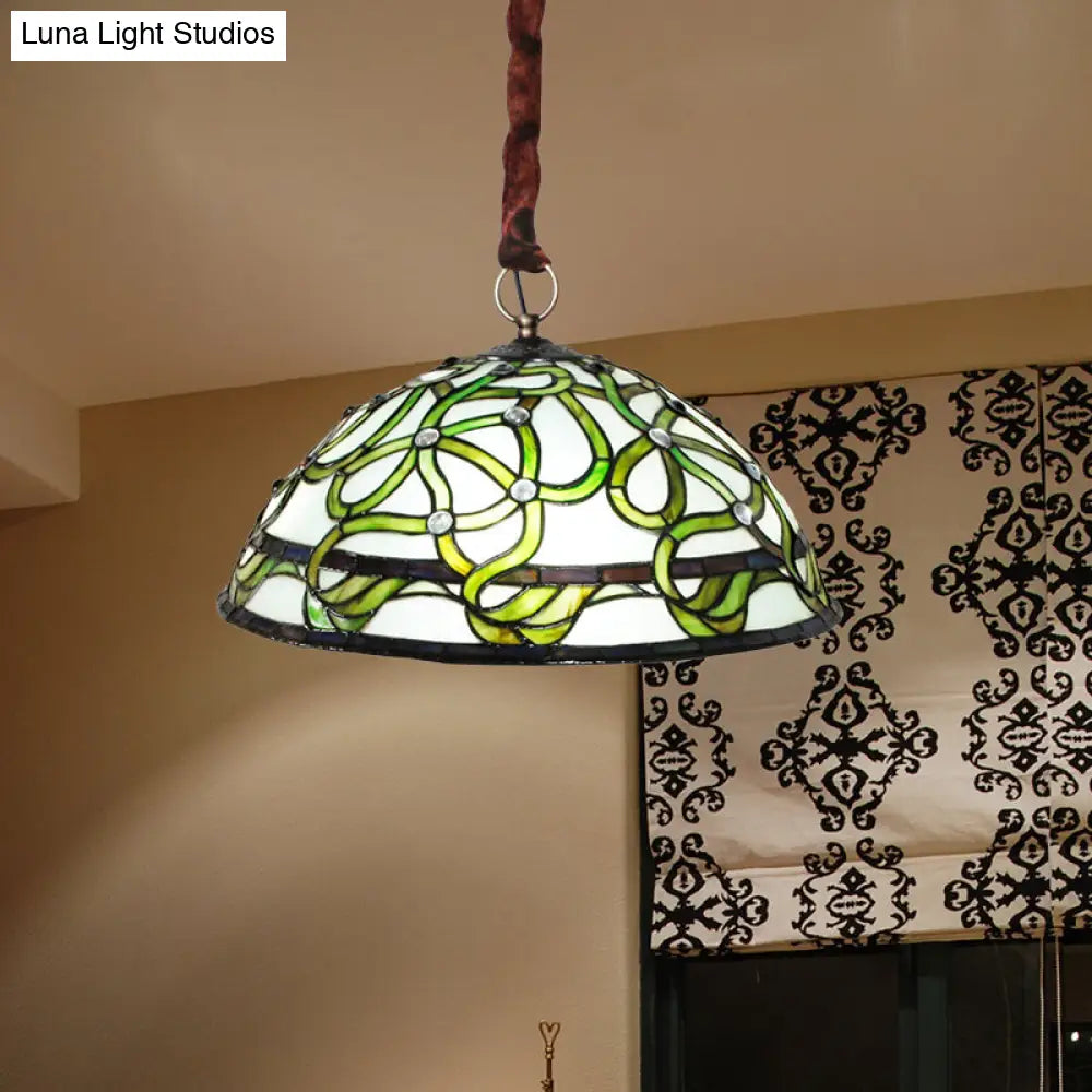 Antique Green Stained Glass Chandelier With Vine Pattern And 3 Hanging Lights