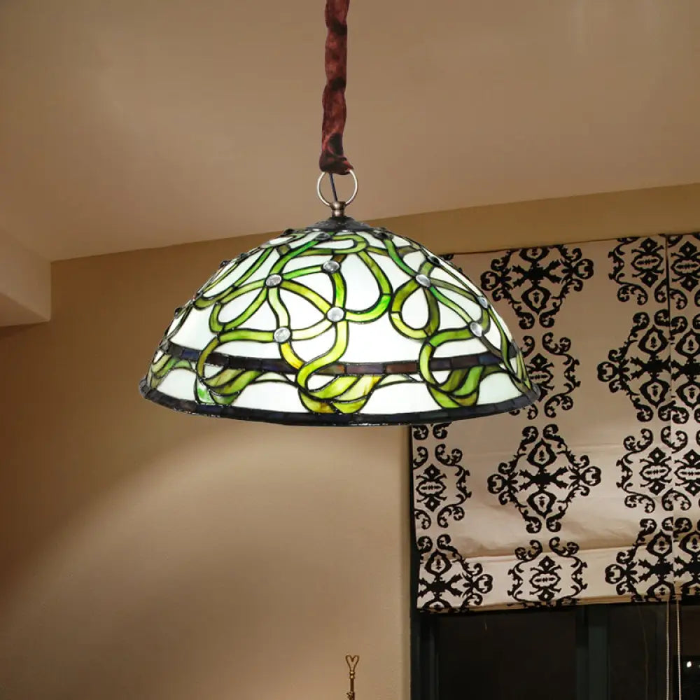 Vintage Green Stained Glass Chandelier: Elegant 3-Light Ceiling Fixture With Vine Pattern