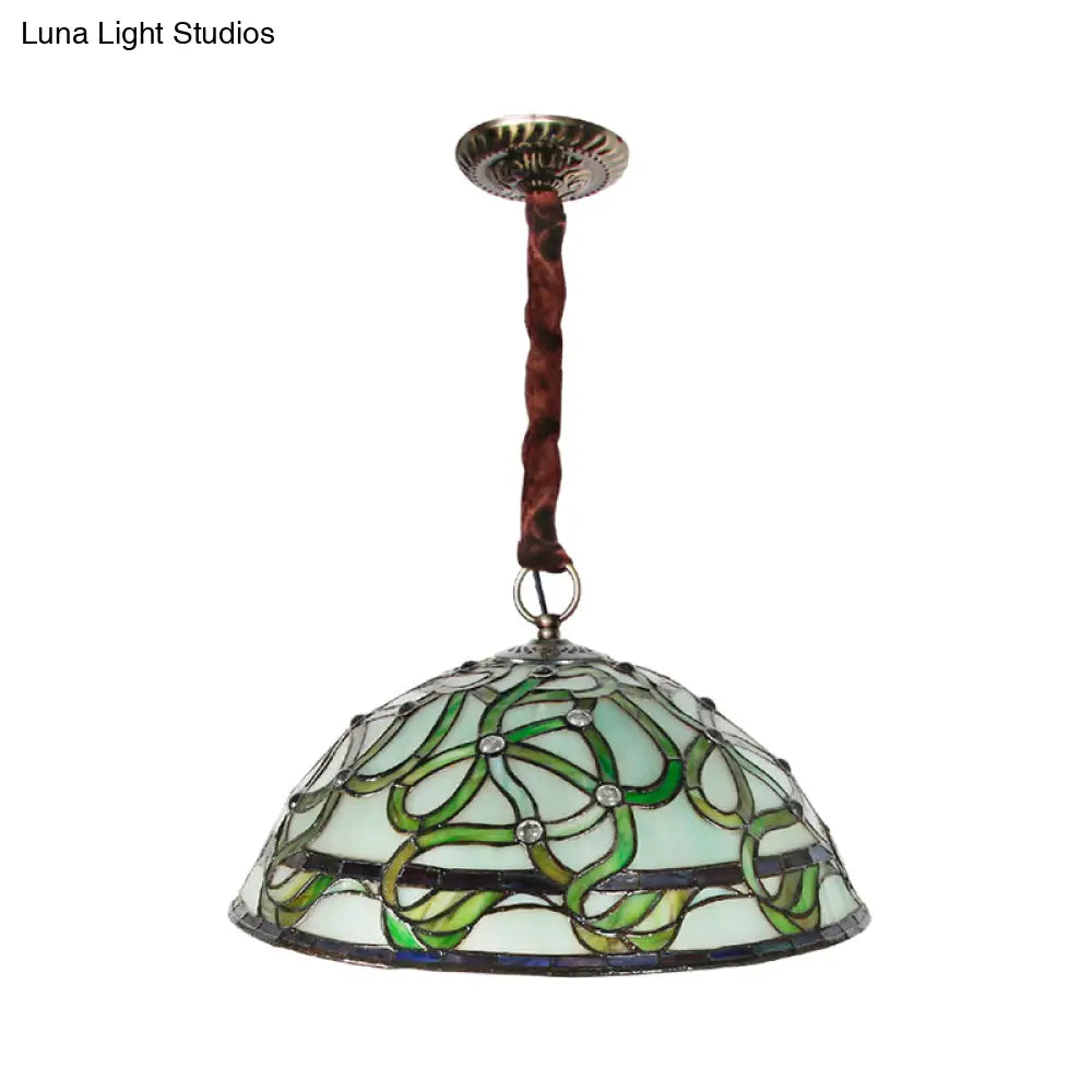 Vintage Green Stained Glass Chandelier: Elegant 3-Light Ceiling Fixture With Vine Pattern