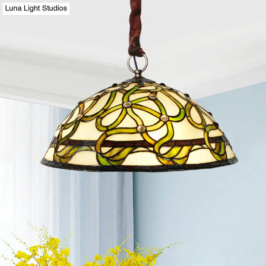 Vintage Green Stained Glass Chandelier: Elegant 3-Light Ceiling Fixture With Vine Pattern