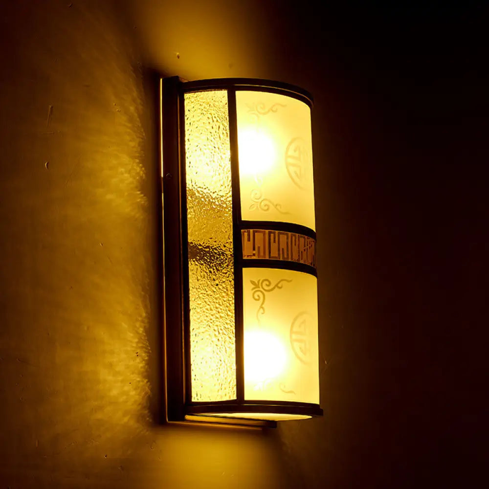 Vintage Half Cylinder Wall Lamp - 8/10 Width 4/2-Light Sconce With Printed Glass And Gold Backplate