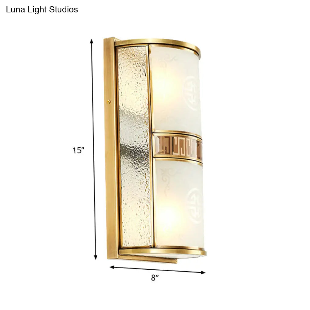 Vintage Half Cylinder Wall Lamp - 8/10 Width 4/2-Light Sconce With Printed Glass And Gold Backplate