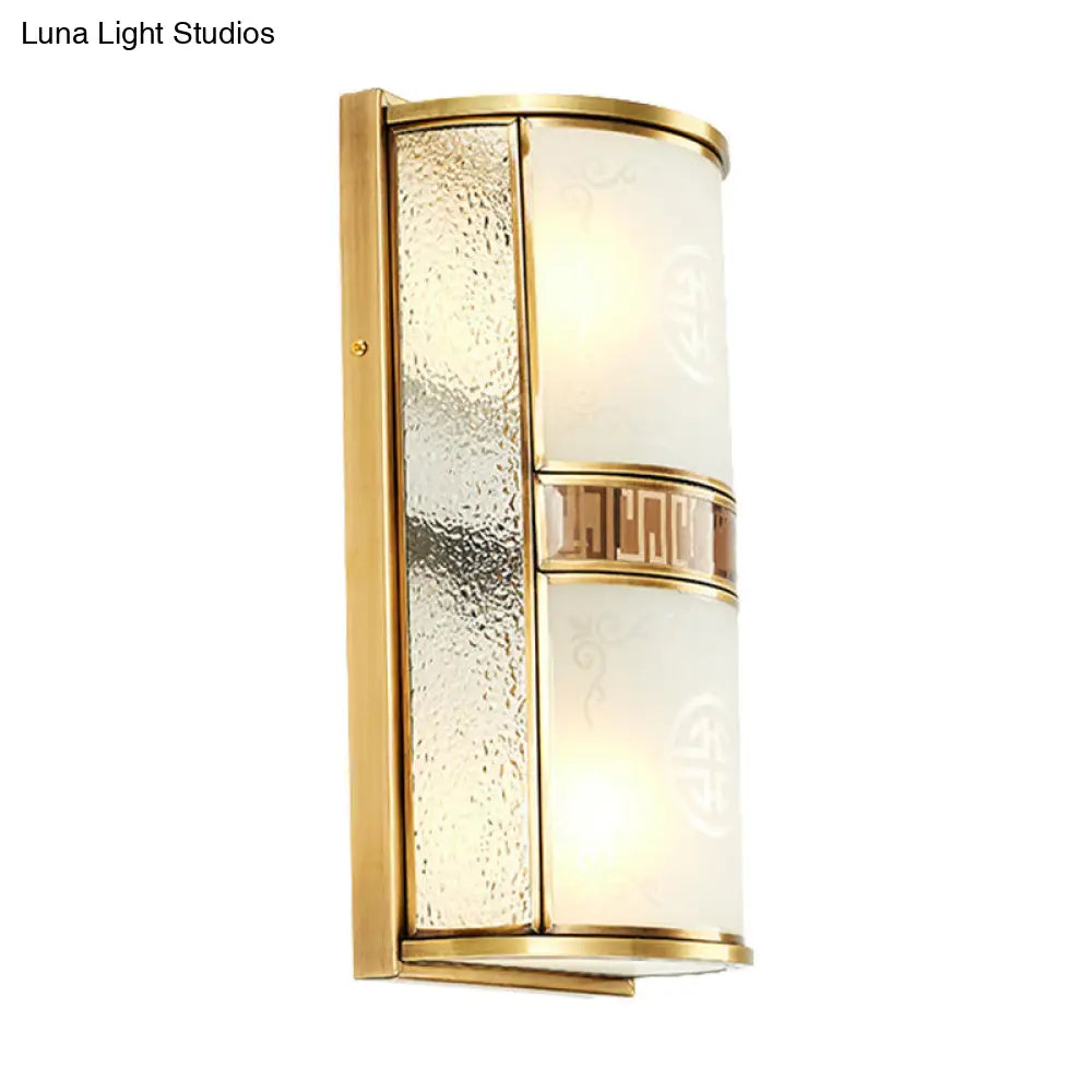 Vintage Half Cylinder Wall Lamp - 8/10 Width 4/2-Light Sconce With Printed Glass And Gold Backplate