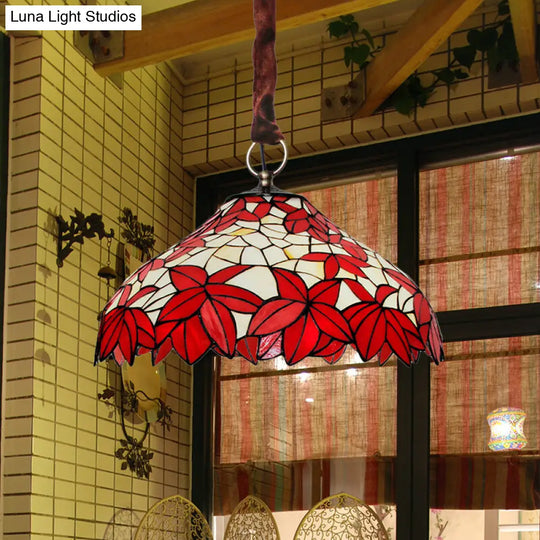 Vintage Hand-Cut Glass Maple Leaf Chandelier With 3 Red Pendant Lights