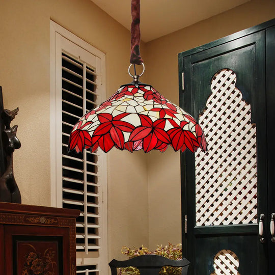 Vintage Hand-Cut Glass Maple Leaf Chandelier - Red 3-Light Pendant Fixture