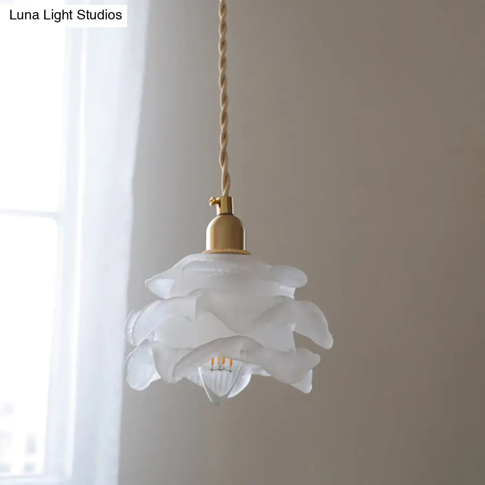 Vintage Hanging Lamp: Textured White Glass Petal Single-Bulb Pendant For Bedroom Lighting