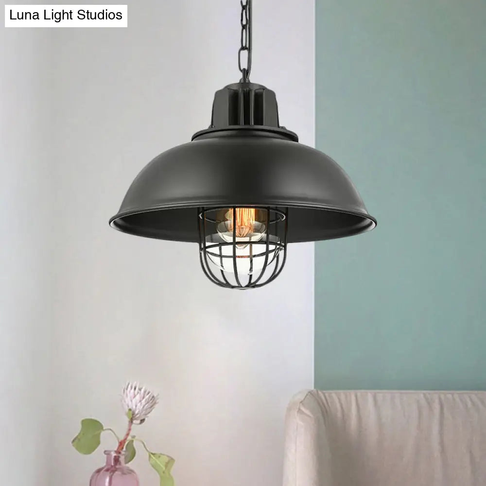 Vintage Metallic Dome Hanging Lamp With Wire Cage - 1 Bulb Restaurant Light In Black/White Matte