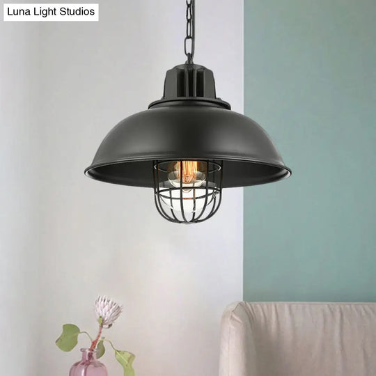 Vintage Metallic Dome Hanging Lamp With Wire Cage - 1 Bulb Restaurant Light In Black/White Matte