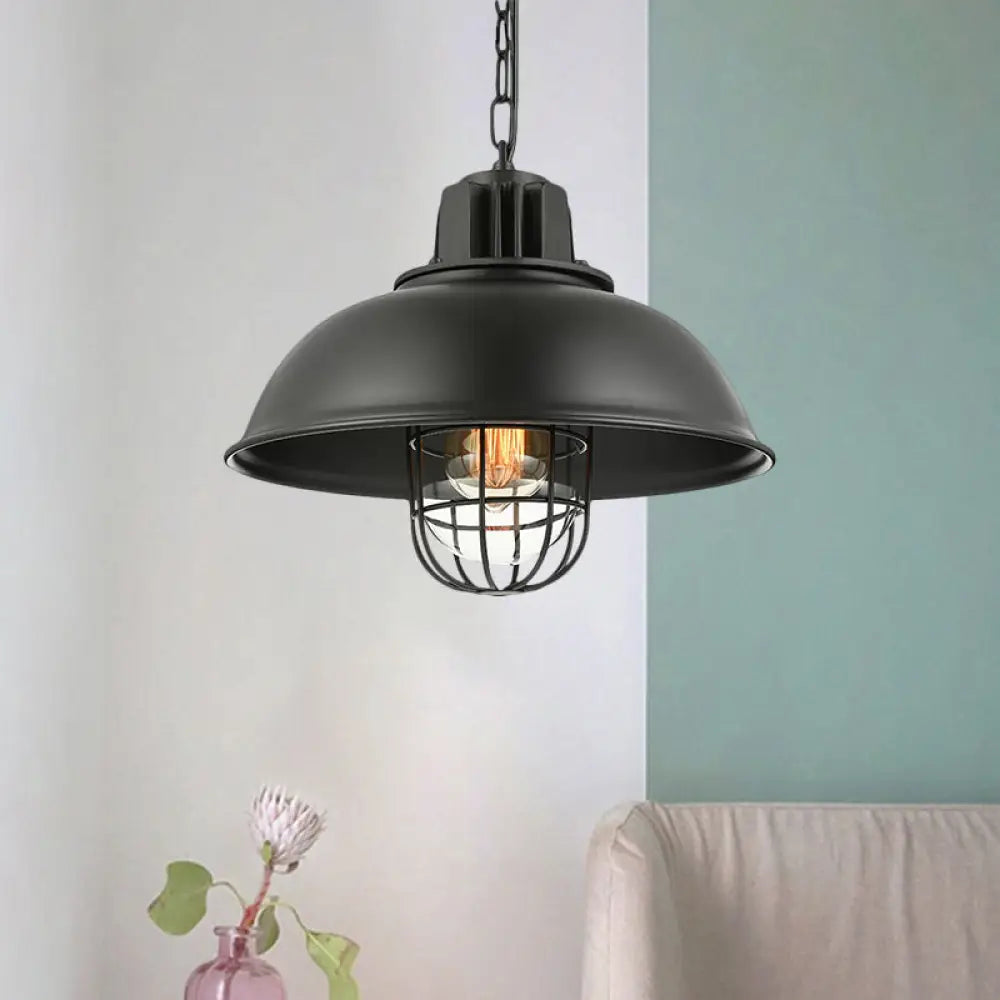 Vintage Hanging Lamp With Black/White Metallic Dome Shade & Wire Cage Matte Black