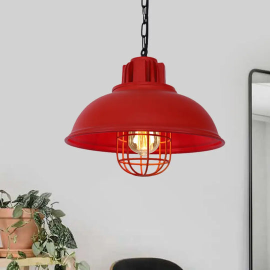 Vintage Hanging Lamp With Black/White Metallic Dome Shade & Wire Cage Red