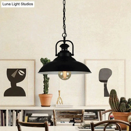 Vintage Metal Pendant Lamp With Hanging Handle - Black Outer White Inner