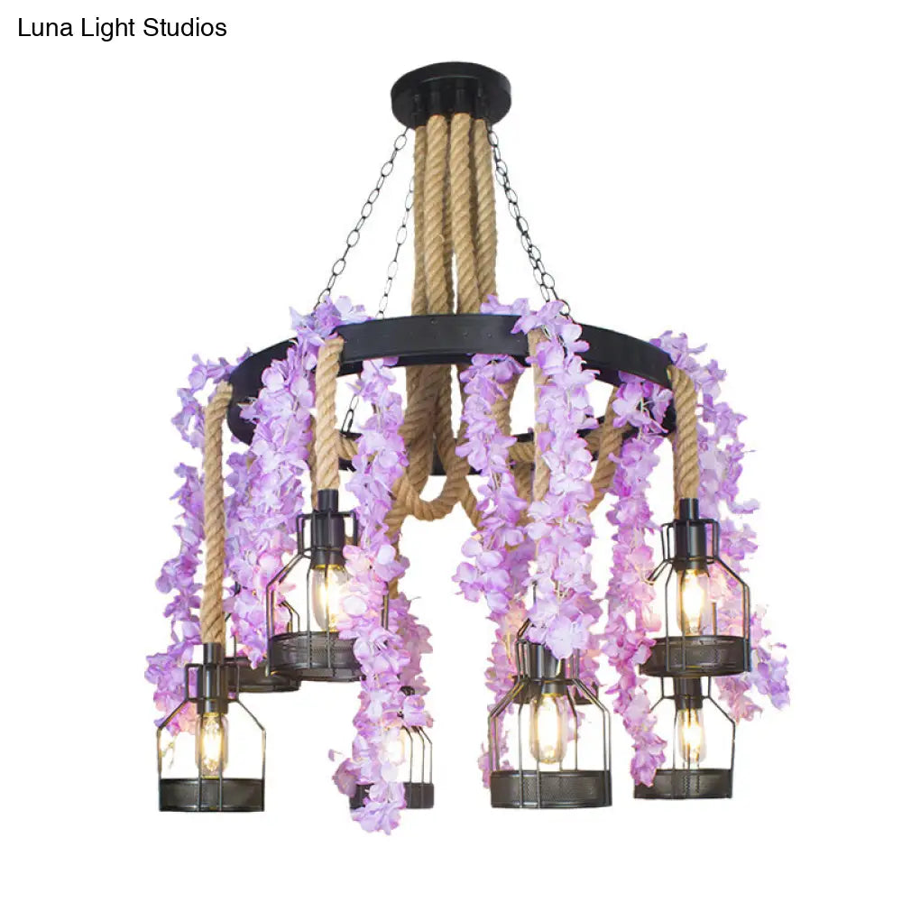 Vintage Hemp Rope Chandelier With 8 Flower Heads In Purple/Green - Perfect For Restaurant Down