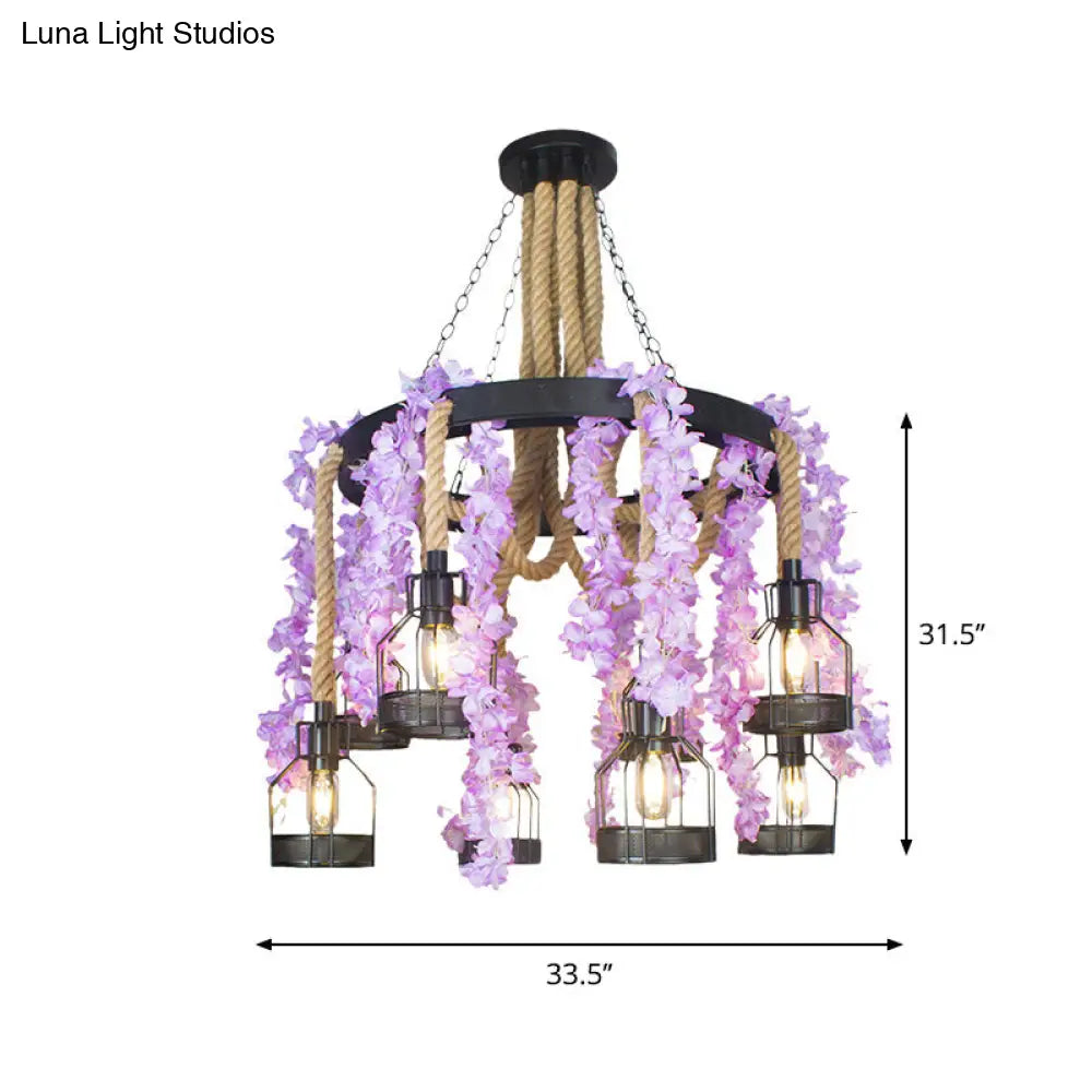 Vintage Hemp Rope Chandelier With 8 Flower Heads In Purple/Green - Perfect For Restaurant Down