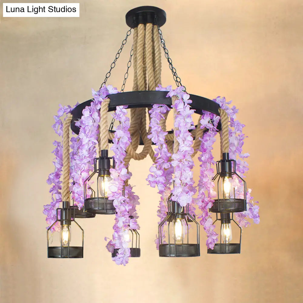 Vintage Hemp Rope Chandelier With 8 Flower Heads In Purple/Green - Perfect For Restaurant Down