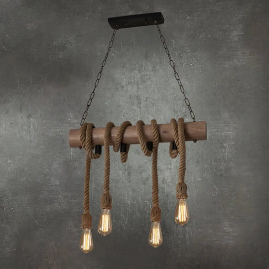 Vintage Hemp Rope Pendant Light With Exposed Bulbs - 4-Light Wood Island Ceiling Fixture