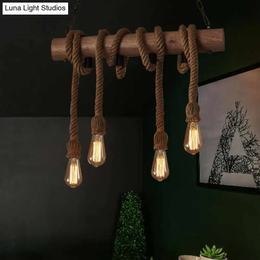 Vintage Hemp Rope Pendant Light With Exposed Bulbs - 4-Light Wood Island Ceiling Fixture