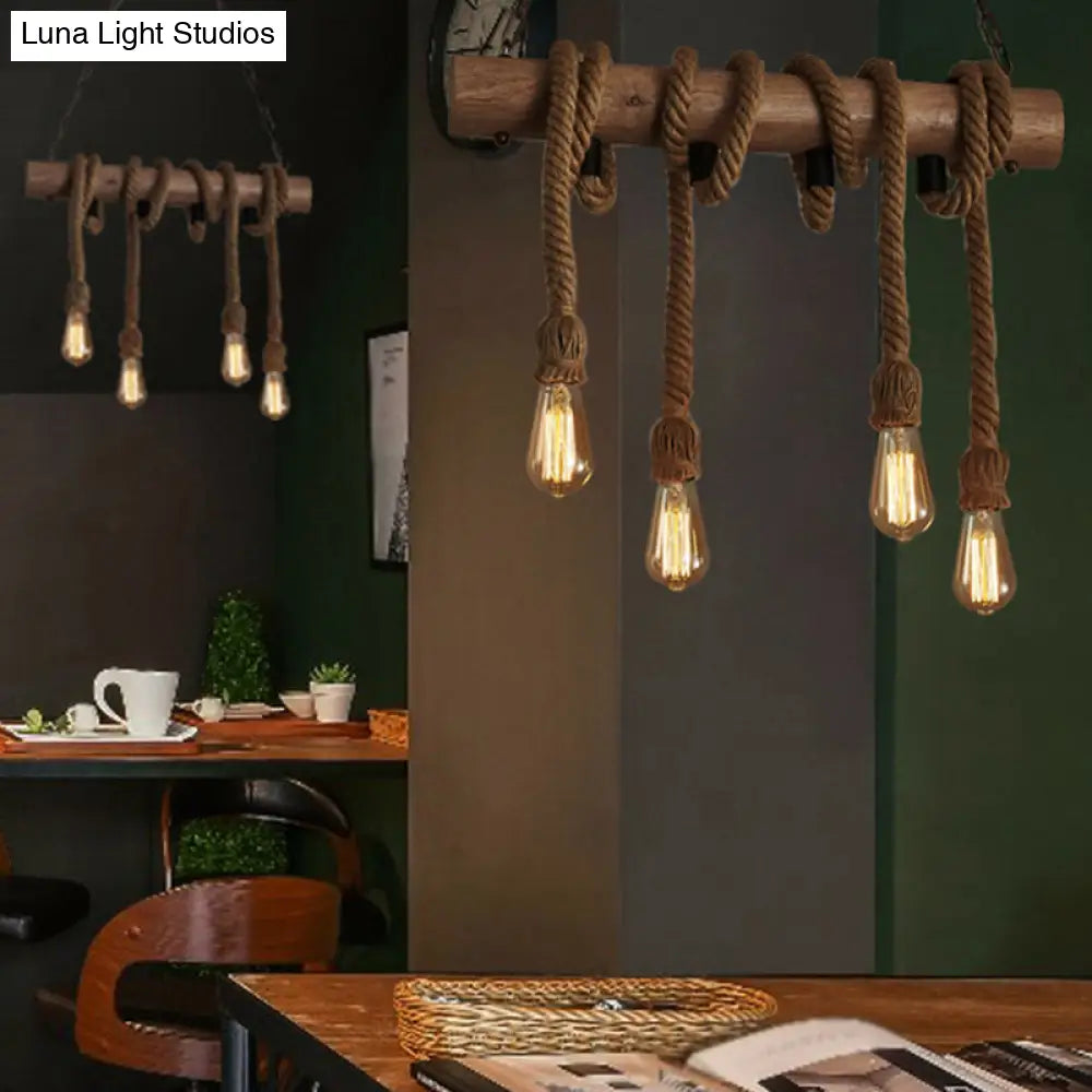 Vintage Hemp Rope Pendant Light With Exposed Bulbs - 4-Light Wood Island Ceiling Fixture