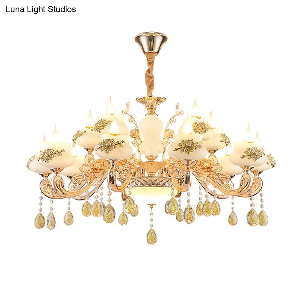 Vintage Imitation Jade Gold Chandelier Pendant Light With Crystal Accent