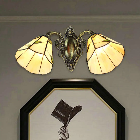 Vintage Industrial 2-Head Stained Glass Wall Sconce With Leaf Pattern Beige