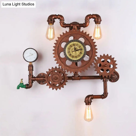 Vintage Industrial 3-Light Copper Wall Sconce With Gear Design And Faucet Details