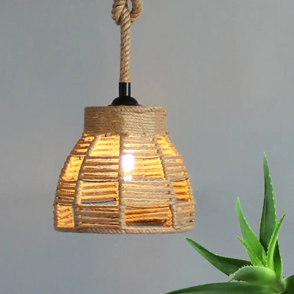Vintage Industrial Beige Domed Pendant Lighting With Natural Rope - 1-Light Restaurant Hanging Lamp