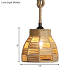 Vintage Industrial Beige Domed Pendant Lighting With Natural Rope - 1-Light Restaurant Hanging Lamp