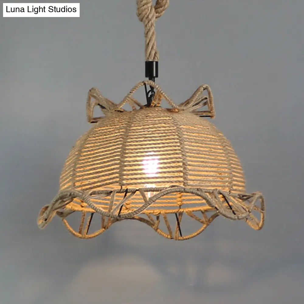 Vintage Industrial Beige Domed Pendant Lighting With Natural Rope - 1-Light Restaurant Hanging Lamp