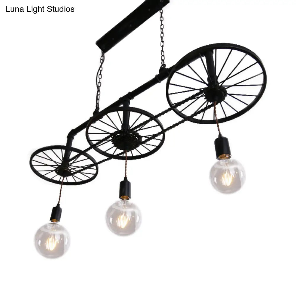 Vintage Industrial Black Island Light With Wrought Iron Wheel Design For Living Room