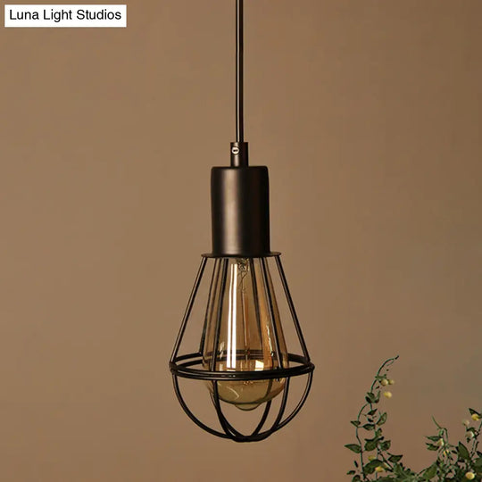 Vintage Industrial Black Metal Cage Pendant Light - 1 Head Living Room Lamp