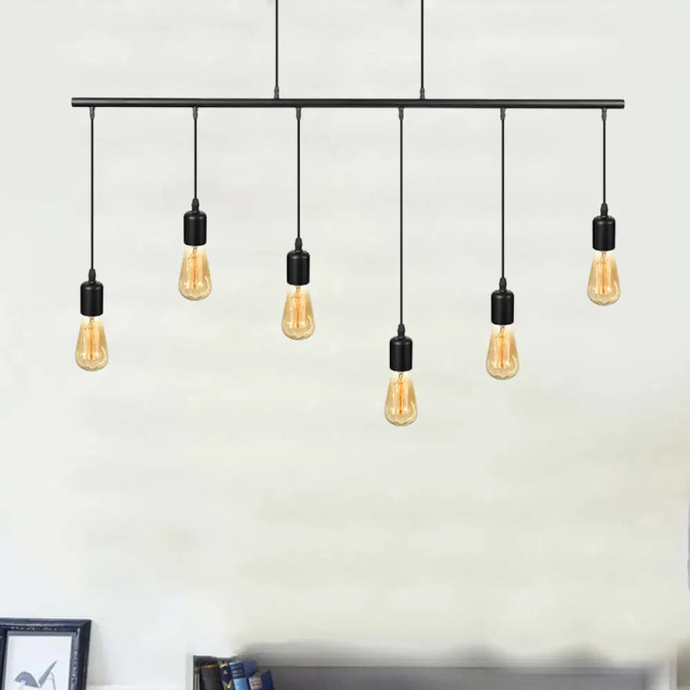 Vintage Industrial Black Metal Pendant Light - Multi Linear Island Ceiling Lamp With Open Bulbs