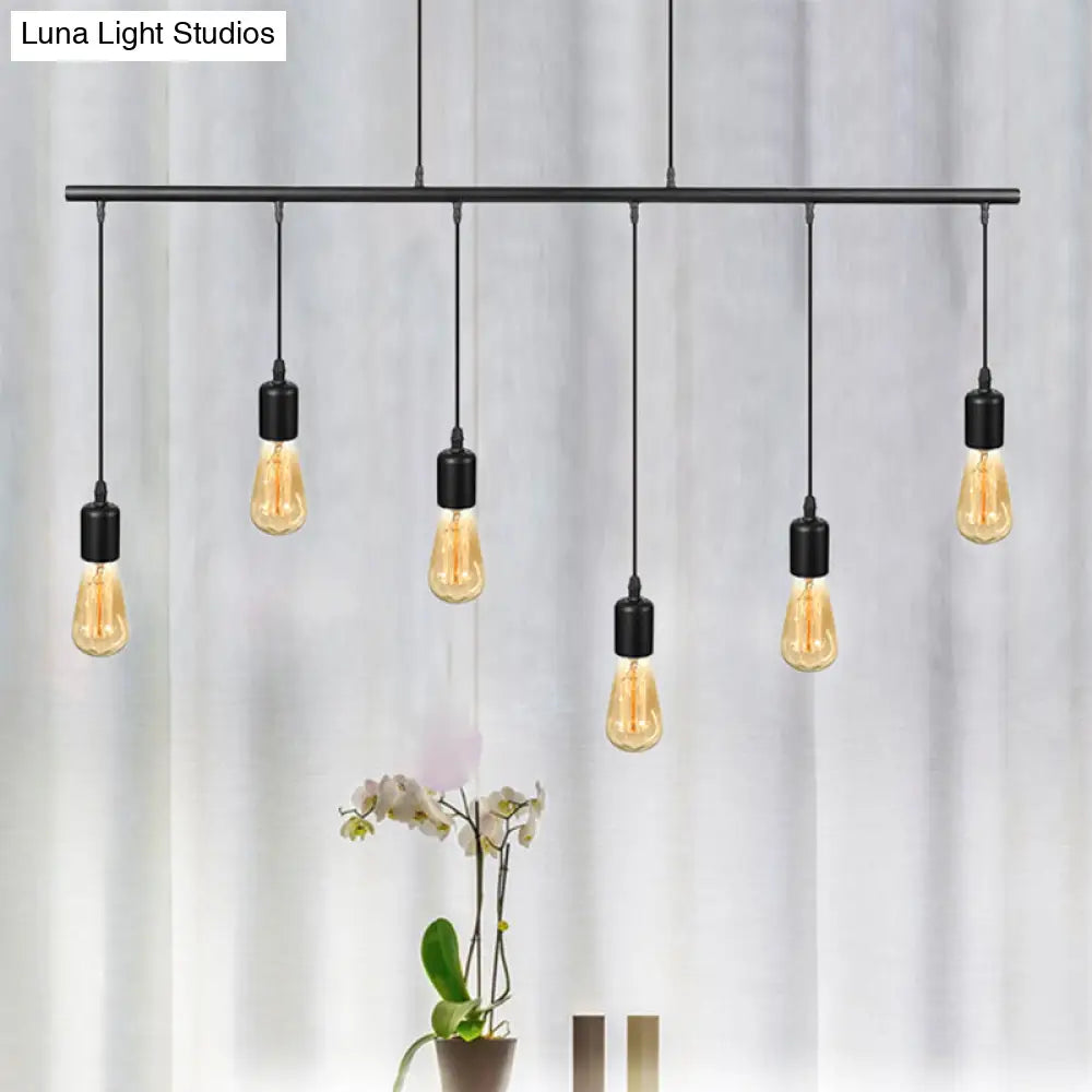 Vintage Industrial Black Metal Pendant Light - Multi Linear Island Ceiling Lamp With Open Bulbs